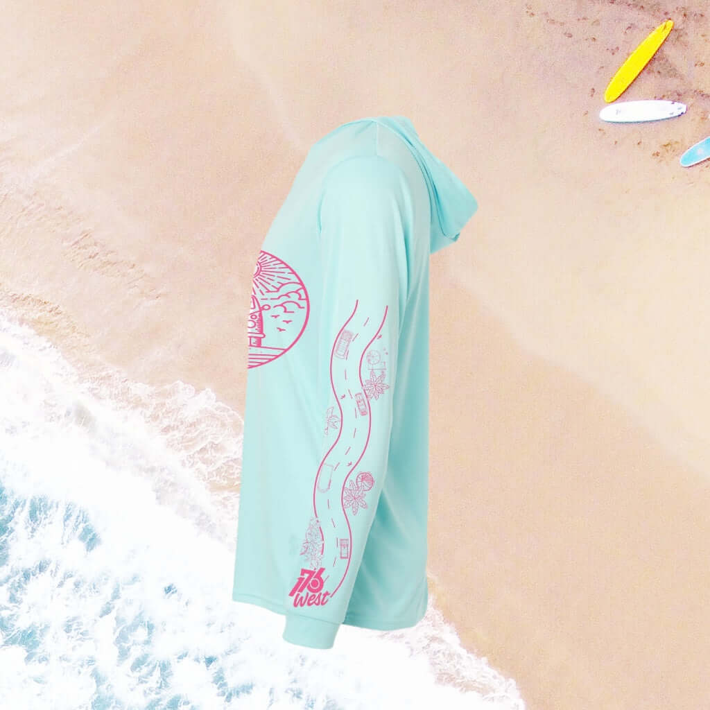 Side View of aqua hoodie UPF 50+ sun-protective beach shirt fabric