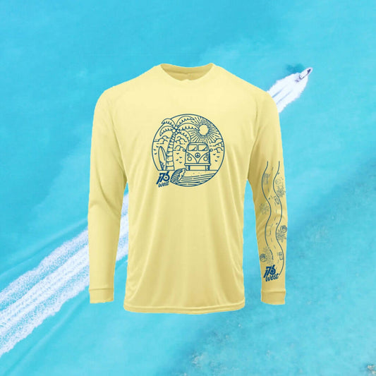 Close Up of yellow UPF 50+ sun-protective beach shirt fabric